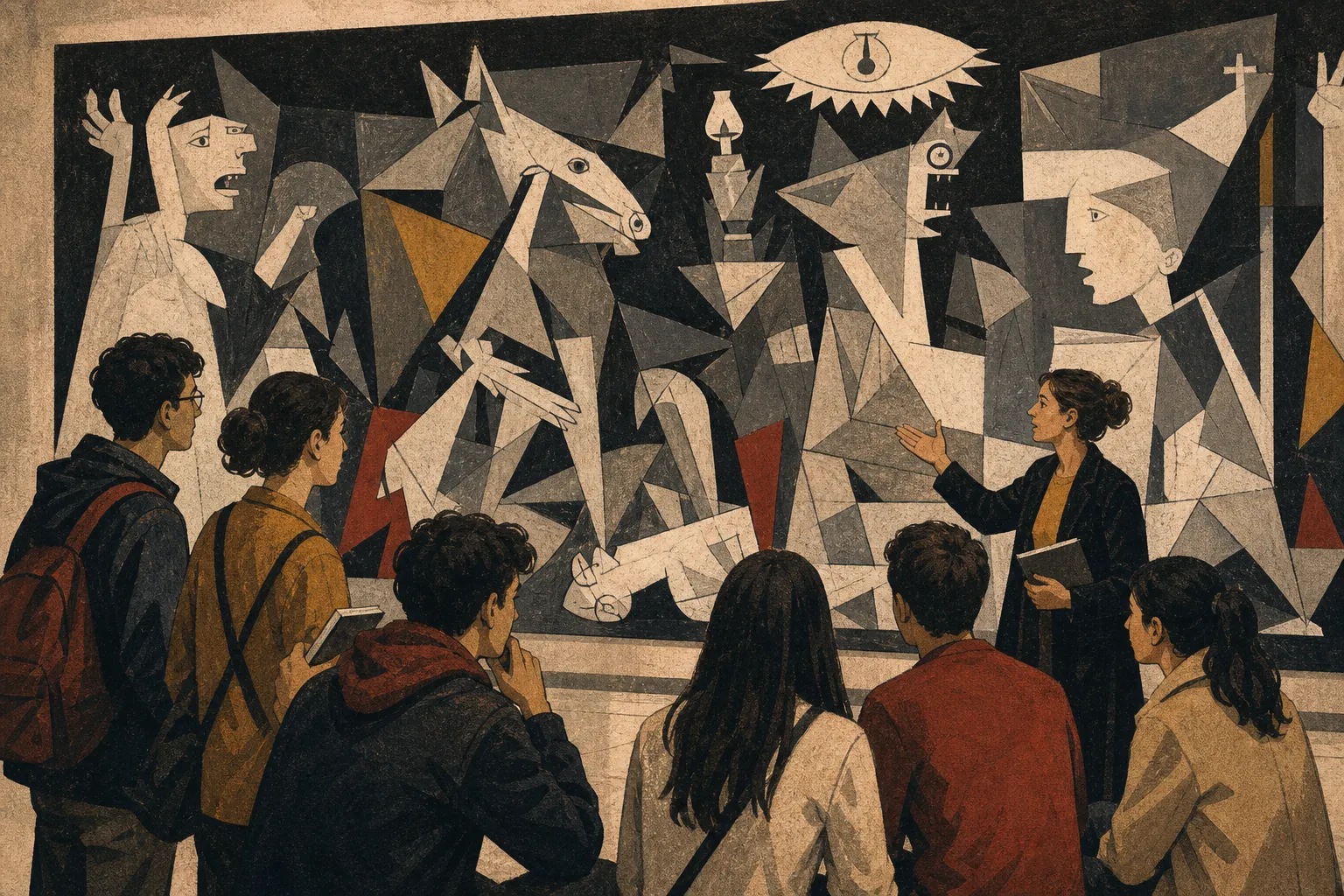 Retro poster illustration of students discussing a cubist anti-war mural in a museum.