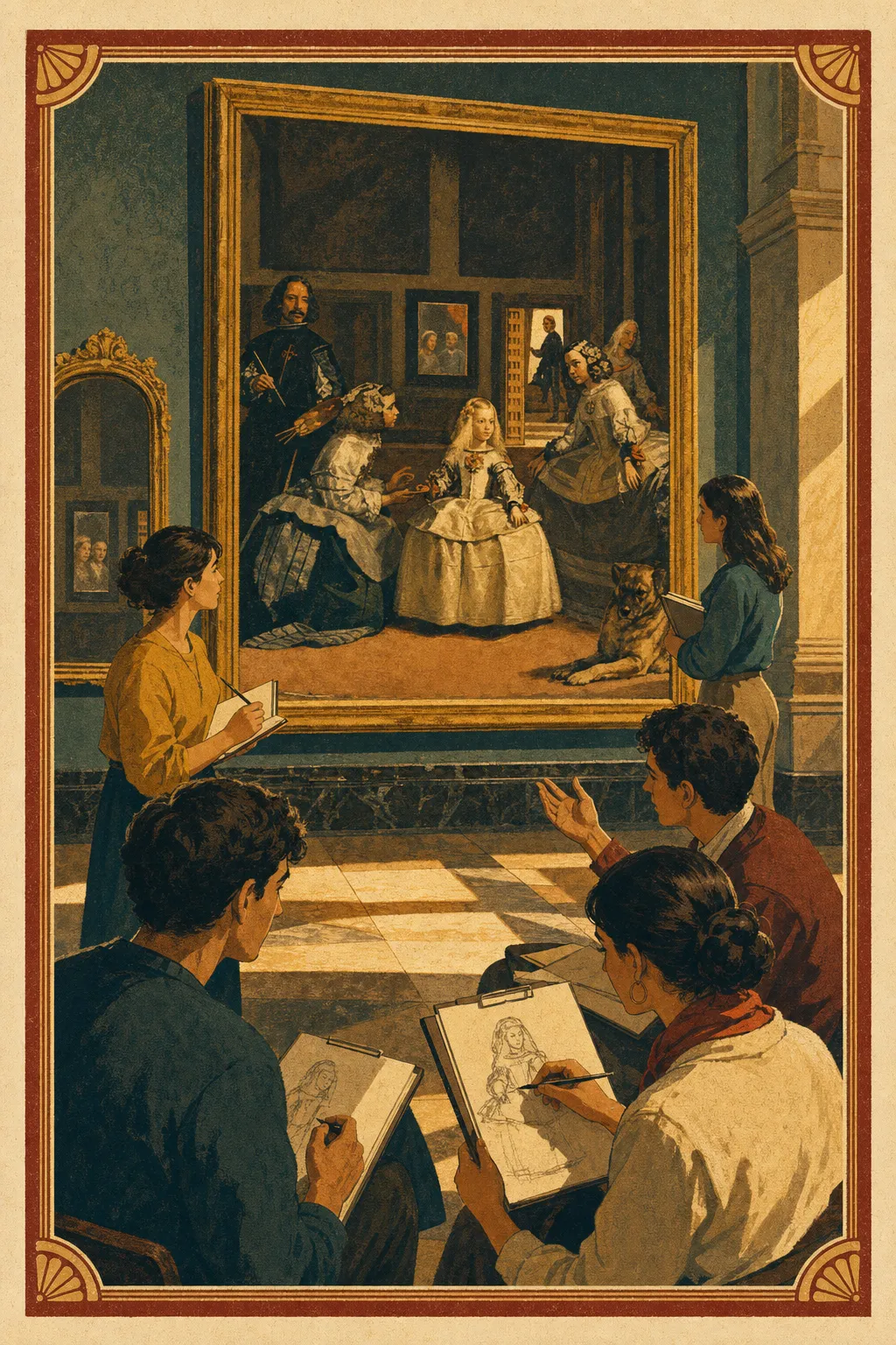 Retro poster reinterpretation of students studying a Las Meninas-inspired museum scene.