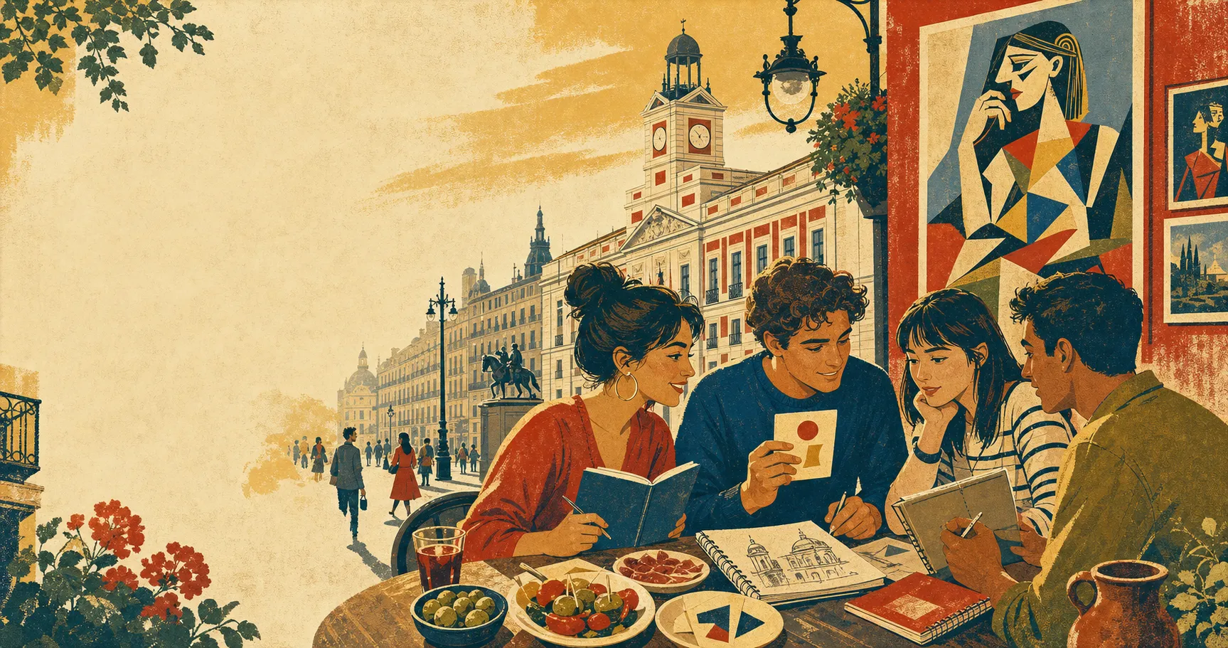 Retro travel-poster illustration of Spanish students with tapas and Madrid art near Puerta del Sol.
