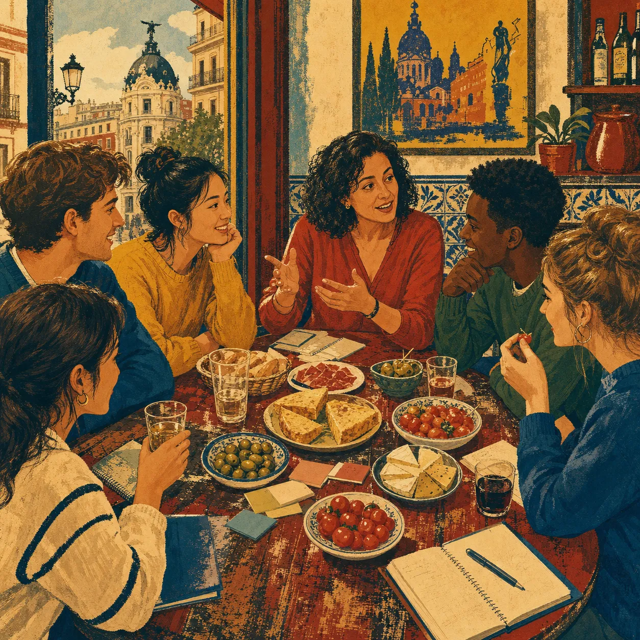 Retro poster illustration of students and a teacher sharing tapas after class.